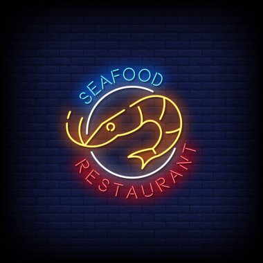 Deniz ürünleri restoranı, neon tabela vektör illüstrasyonu