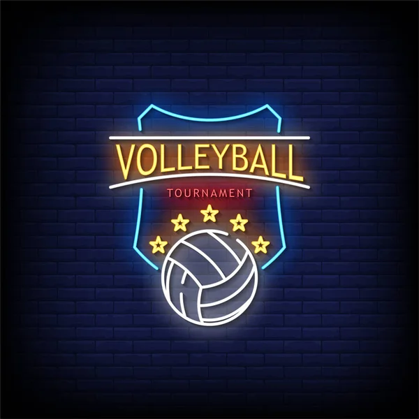 Volleyboll Turnering Bokstäver Med Bollen Tecken Neon Vektor Illustration Mörk — Stock vektor