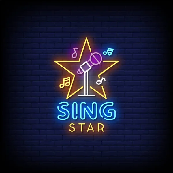 Sing Star Lettering Con Segno Microfono Illustrazione Vettoriale Neon Sfondo — Vettoriale Stock