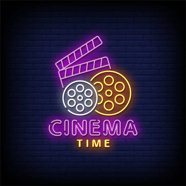 Cinema Time Lettering Neon Vector Illustration Dark Background — 图库矢量图片