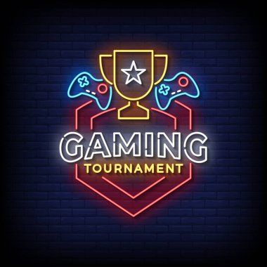 Oyun turnuvası tasarım şablonu, tuğla duvar arkaplanı olan neon tabela