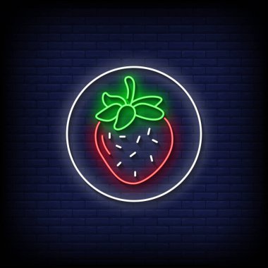 Çilek tasarımı şablon işareti ve tuğla duvar arkaplanı