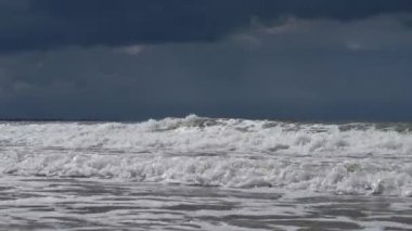 Fırtınalı deniz üzerinde uçan Martı Koyu gök gürültüsü bulut dalgalar