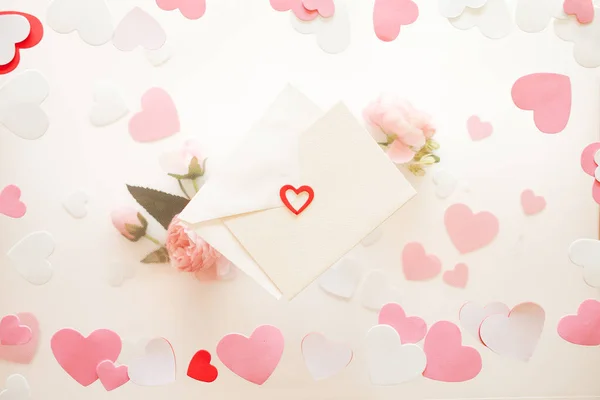 Valentine Day Background White Pink Red Hearts Arranged White Background — Stock Photo, Image