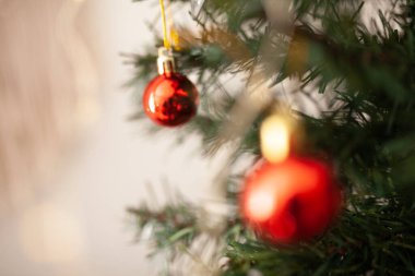 Yeşil dalda kırmızı yuvarlak Noel ağacı süsü ve arka planda tel lambaları var. Kış tatili tebrik kartı. Noel ağacı süslenmiş, yakın plan.