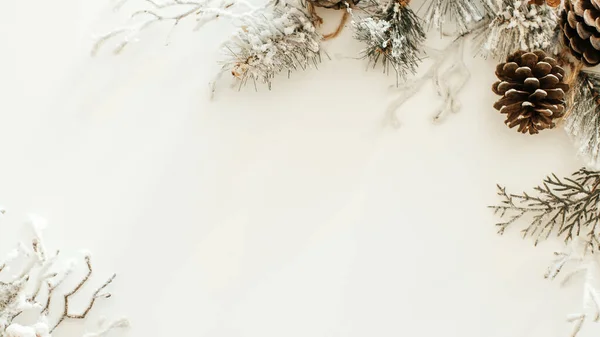 Inverno Natale Capodanno Sullo Sfondo Con Spazio Copia Rami Innevati — Foto Stock