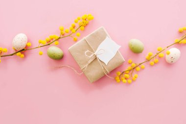 Pembe arka planda Paskalya yumurtaları olan Mimosa dalları. Mimoza ve kahverengi kağıt hediyeli bahar arkaplanı.