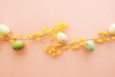 Pembe arka planda Paskalya yumurtaları olan Mimosa dalları. Mimoza ve kahverengi kağıt hediyeli bahar arkaplanı.