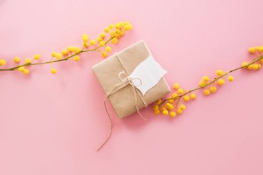 Pembe arka planda Paskalya yumurtaları olan Mimosa dalları. Mimoza ve kahverengi kağıt hediyeli bahar arkaplanı.