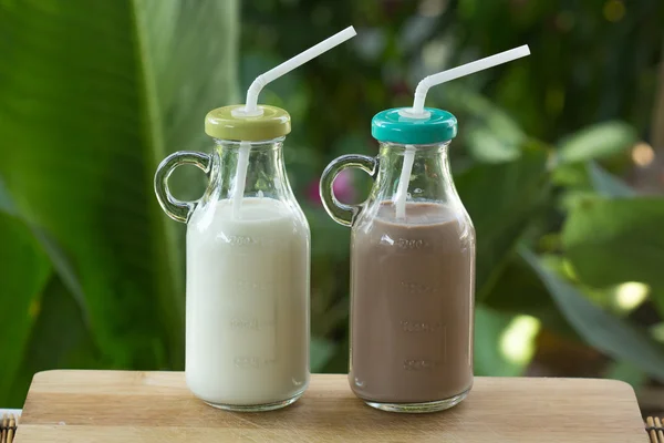 Glass of Chocolate and Fresh Milk — Stock Photo, Image