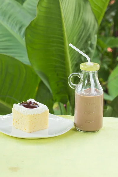 Blueberry cakk and chocolate milk — Stock Photo, Image