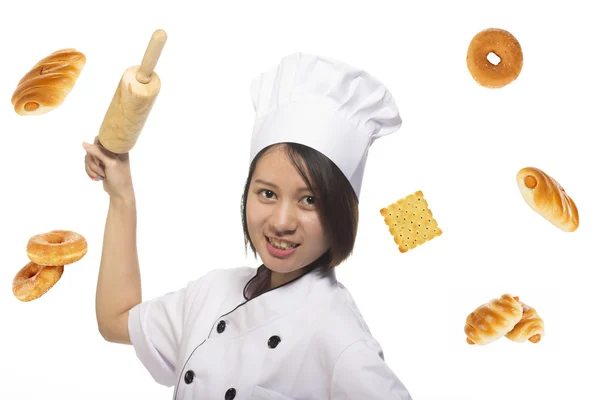 厨师亚洲女人抱着烘烤擀面杖 — 图库照片