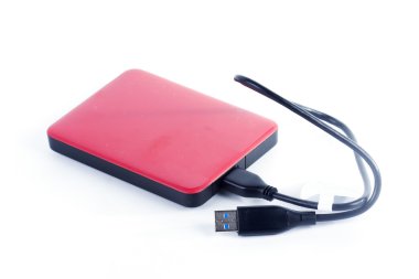 Kırmızı harici sabit disk ve kablo 