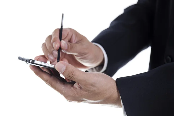 Handen van zakenman met stylus aanraken van het scherm van de smartph — Stockfoto