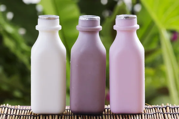 Strawberry, chocolate and fresh milk bottles — Stock Photo, Image