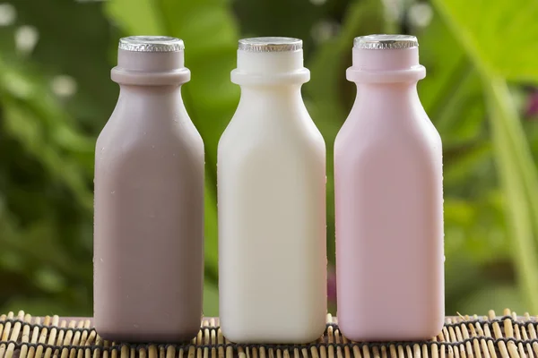 Strawberry, chocolate and fresh milk bottles — Stock Photo, Image