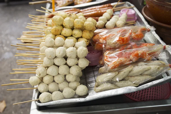 Meat ball and sausage with bamboo stick — Stock Photo, Image