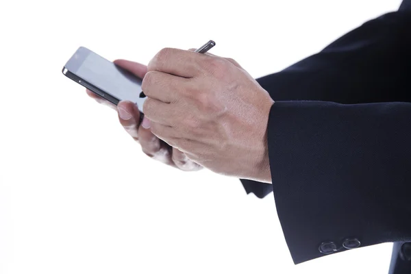 Hands of Businessman with stylus touching the screen of smart ph — Stock Photo, Image