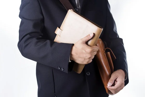 Business man with briefcase and hold book — Stock Photo, Image