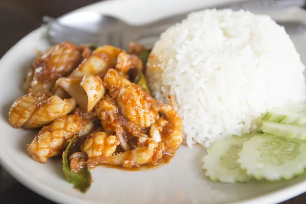 Rör om Curry stekt bläckfisk med Steam ris — Stockfoto