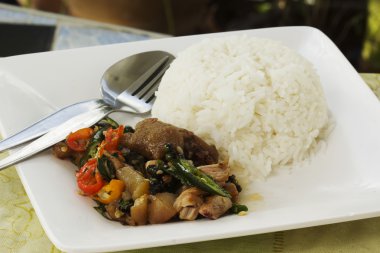 Baharatlı karıştırın kızarmış domuz bacak ve beyaz pirinç haşlanmış