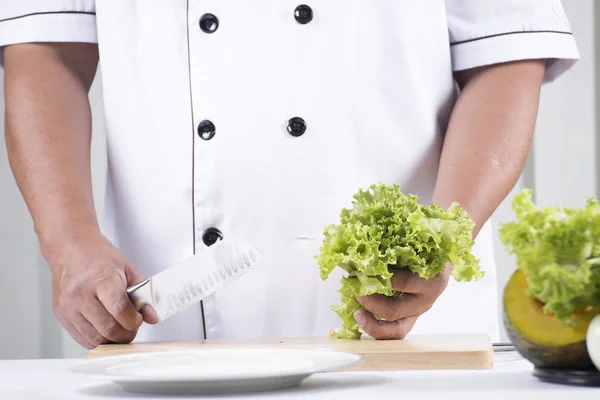 Шеф-кухар тримає салат для приготування салату — стокове фото