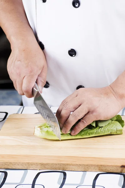 Koch schneidet Salat — Stockfoto