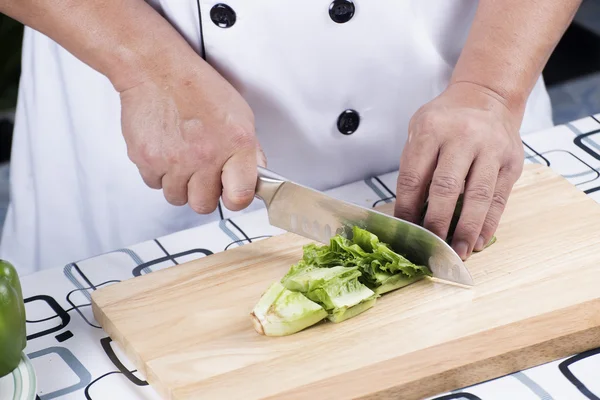 Chef cutting lettuce — Stock Photo, Image