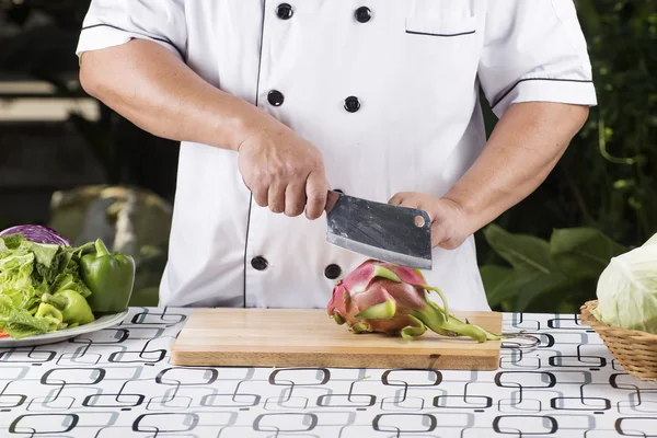 Chef cutting dragon fruit — Stock Photo, Image