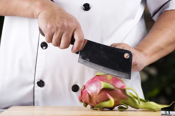 Chef cutting dragon fruit — Stock Photo, Image