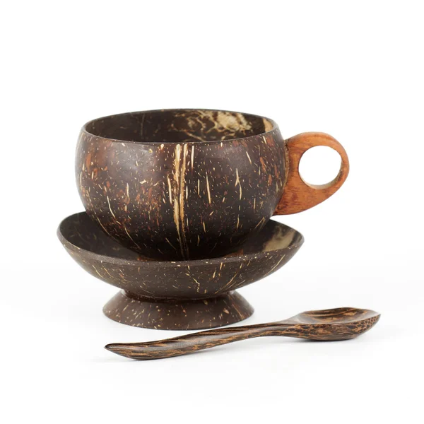 Kókusz héj fa csésze kávé és kanál — Stock Fotó