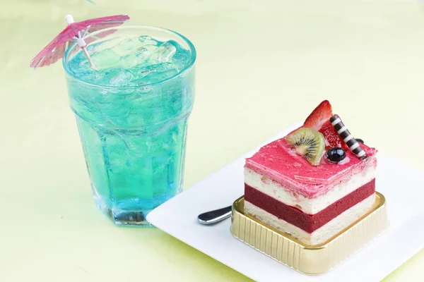 Strawberry Mousse Cake and Italian Soda — Stock Photo, Image