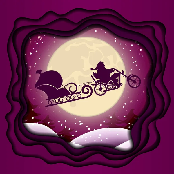 Vánoční Ilustrace Santa Motorce Saněmi Pozadí Úplňku Santa Claus Silueta — Stockový vektor