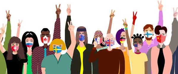 Las Personas Con Máscaras Médicas Diferentes Países Muestran Signo Paz — Archivo Imágenes Vectoriales