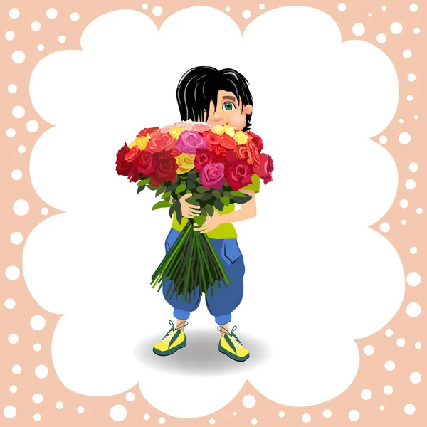 Garçon Avec Grand Bouquet Fleurs Roses Fond Bande Dessinée — Image vectorielle