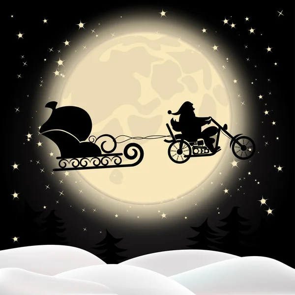 Weihnachtsmann auf einem Motorrad vor dem Hintergrund des Vollmondes — Stockvektor