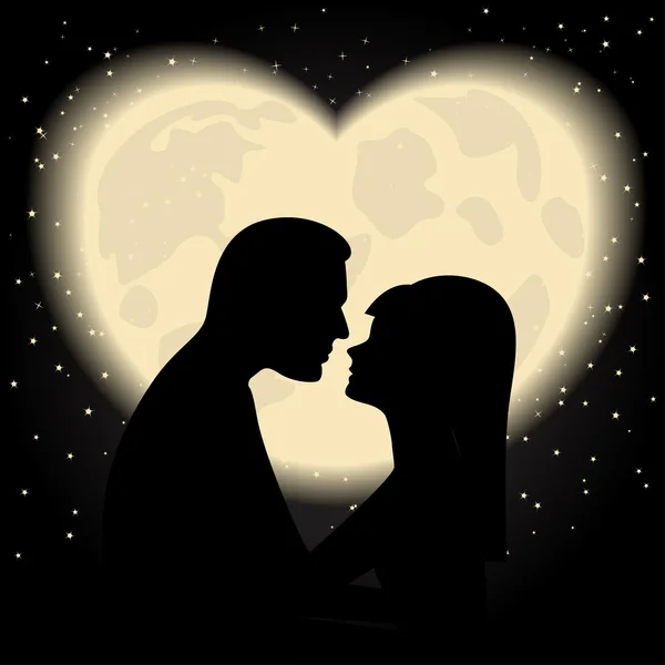 Silhouette of lovers on a background of the moon like the heart — Stock Vector