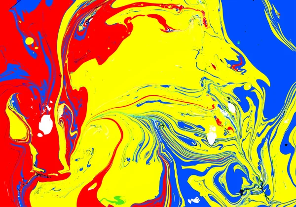 Fondo abstracto. Tinta. Pintura. Estilo mármol. Líquido azul, rojo y amarillo en agua . — Vector de stock