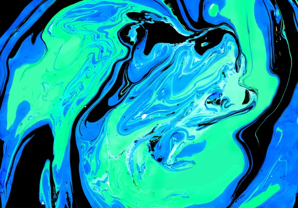 Fondo abstracto. Tinta. Pintura. Estilo mármol. Líquido azul, negro y verde en agua . — Vector de stock