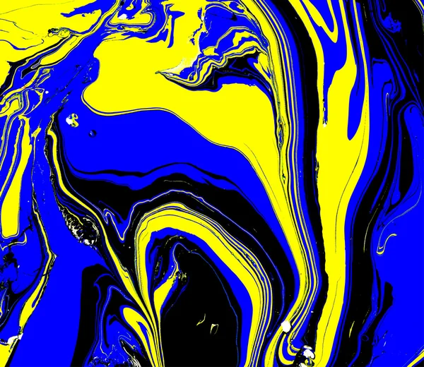 Fondo abstracto. Tinta. Pintura. Estilo mármol. Líquido azul, negro y amarillo en agua . — Vector de stock