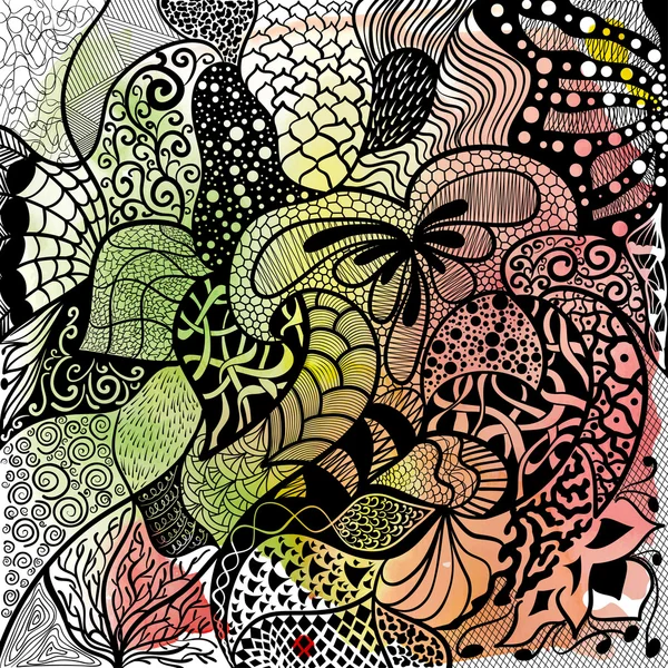 Floral zentangle dibujado a mano, étnico, doodle fondo con acuarela — Archivo Imágenes Vectoriales