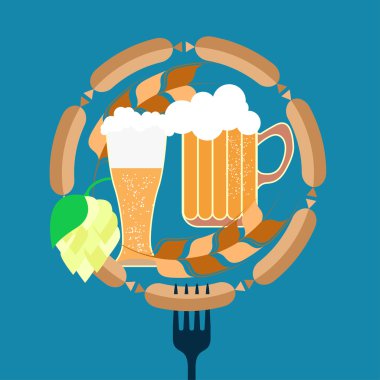 Beer, sausages, hops, wheat. Oktoberfest. Flat design