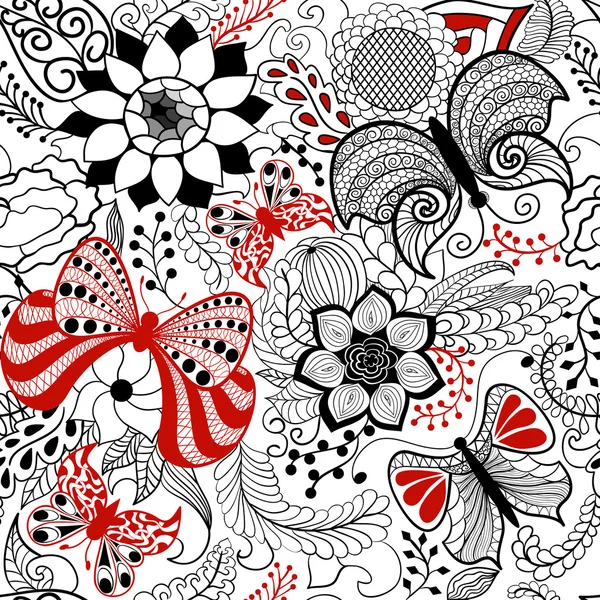 꽃 손으로 그린 zentangle, 나비와 민족 원활한 패턴 — 스톡 벡터