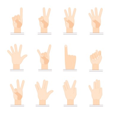El hareketleri. Düz tasarım. Bir başparmak yukarıya, iki parmak, üç parmak, dört parmak, jest keçi boynuzu jest.