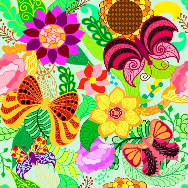 Çiçek elle çizilmiş zentangle, kelebekler ile etnik seamless modeli — Stok Vektör