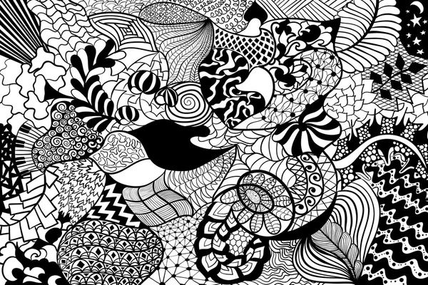 꽃 손 그려진된 zentangle, 민족 패턴. 흑인과 백인 추상 화려한 배경. — 스톡 벡터