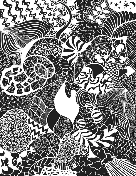 꽃 손 그려진된 zentangle, 민족 패턴. 흑인과 백인 추상 화려한 배경. — 스톡 벡터