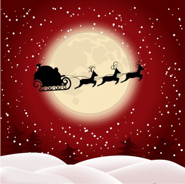 Noel Baba bir atlı kızak içinde arka planda ay onun ren geyiği siluet.