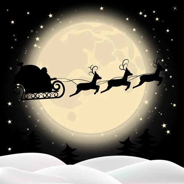 Silhouette of Santa Claus in a sleigh, his reindeer on the background of the moon. — Stock Vector