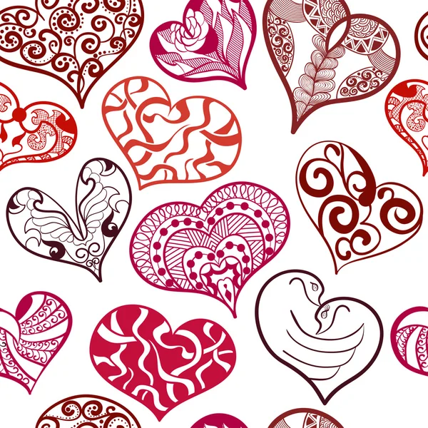 Seamless pattern of hearts in an ethnic, doodle, zentangle style — Stock Vector